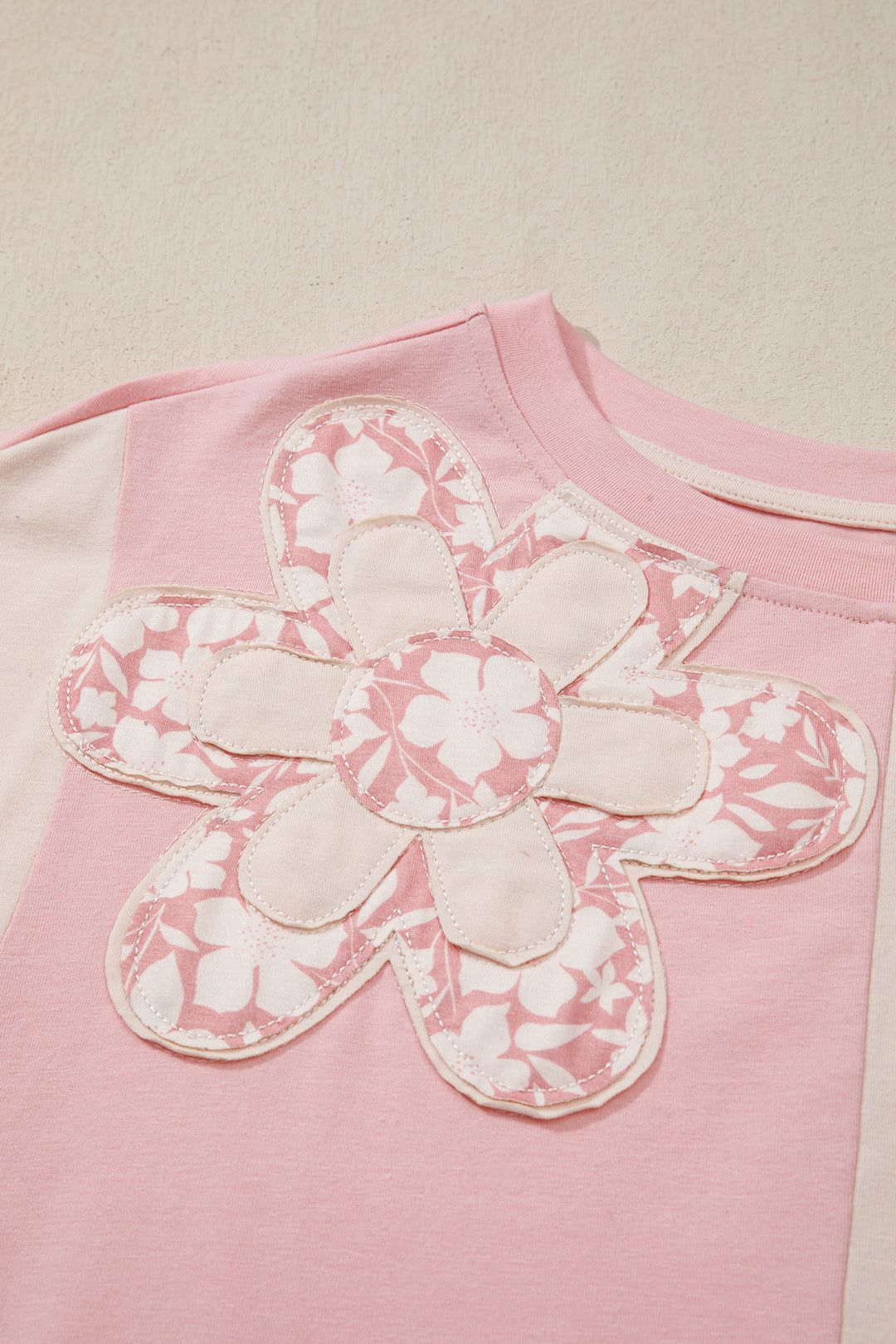 Apricot Color Block Flower Patched Loose T Shirt