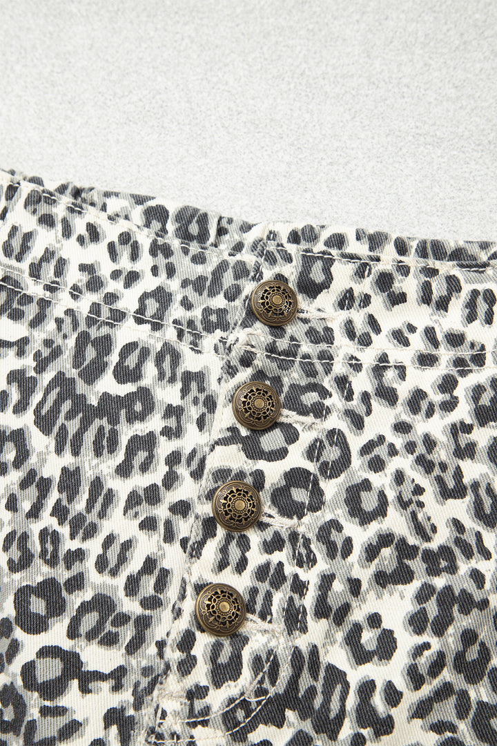 Brown Leopard Print Rainbow Striped Detail Buttoned Loose Jogger Jeans