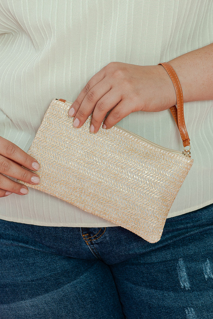 Straw Woven Wrist Strap Zipper Large Wallet