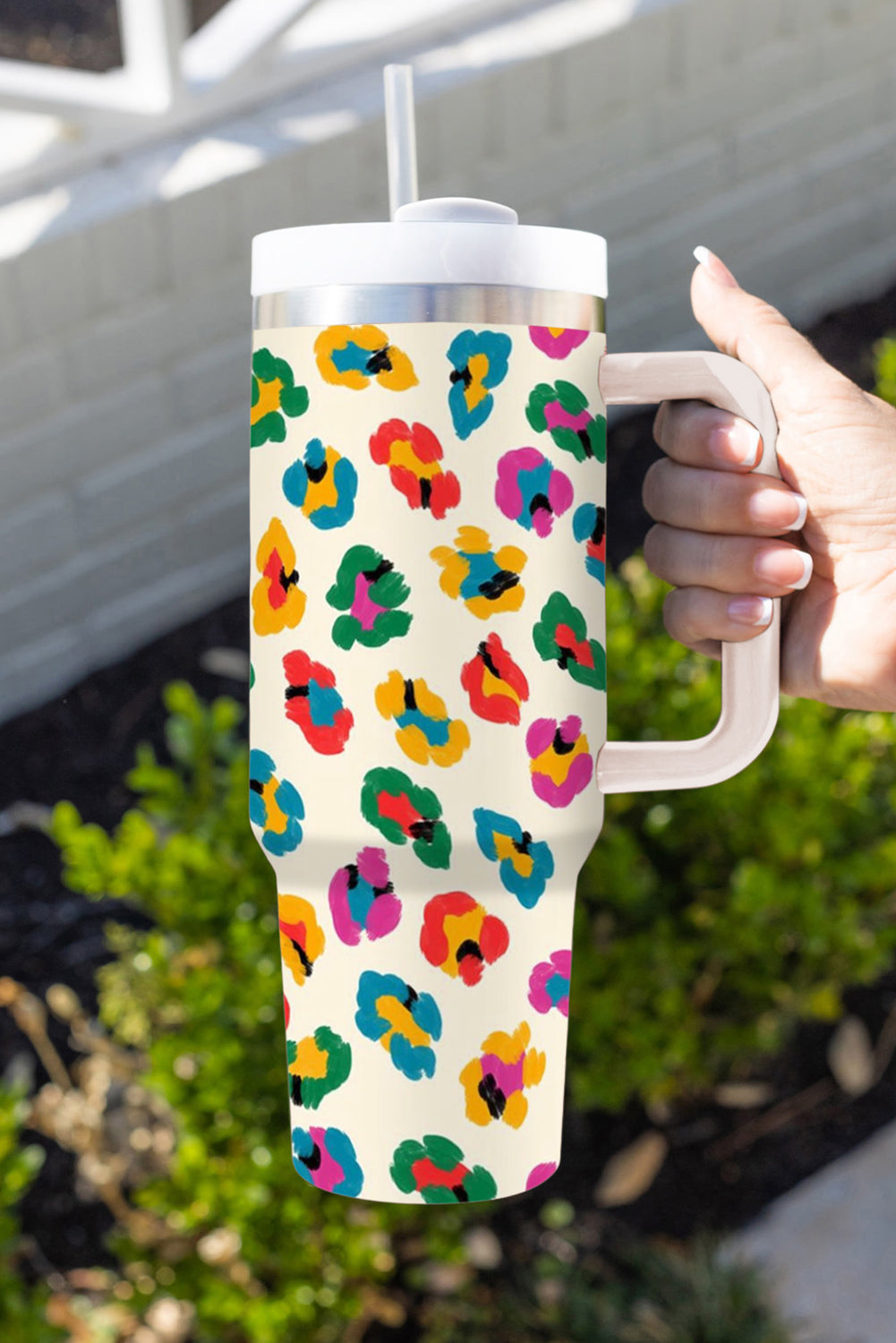 Multi Color Leopard Print Handle Stainless Tumbler 40oz