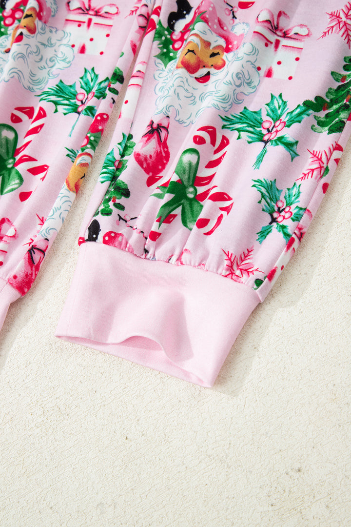 Pink Christmas Pattern Button V Neck Pullover Drawstring Pants 2pcs Lounge Set