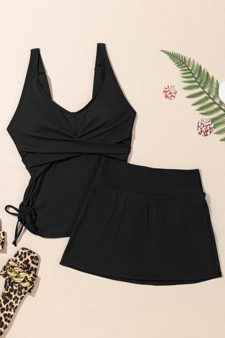 Black Ribbed Knit Crossed Detail Tank Skort 2pcs Swimsuit
