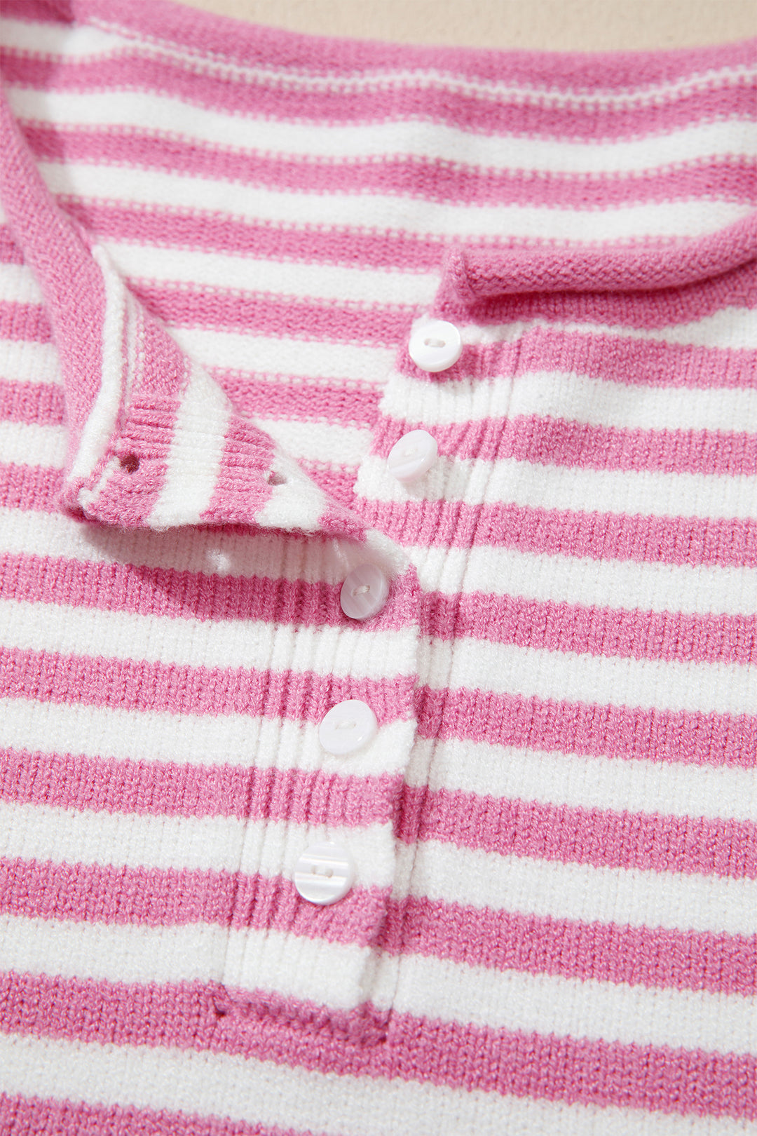 Pink Stripe Striped Button Placket Drop Shoulder Long Sleeve Sweater