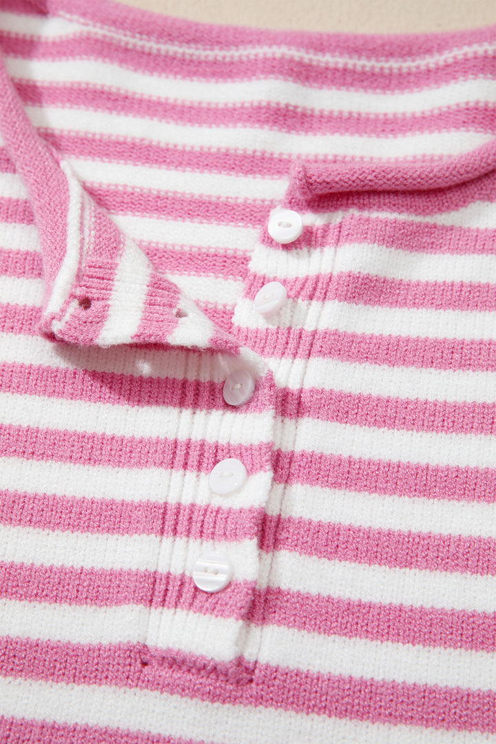 Pink Stripe Striped Button Placket Drop Shoulder Long Sleeve Sweater