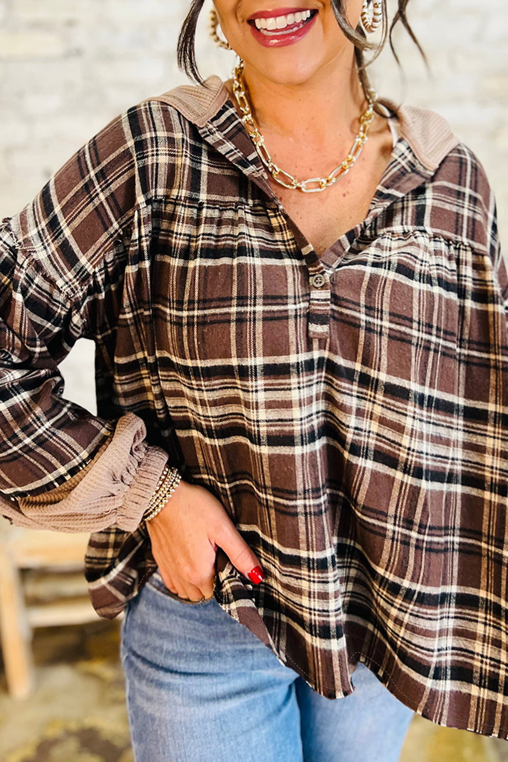 Plaid Patchwork Long Sleeve Button Hooded Blouse