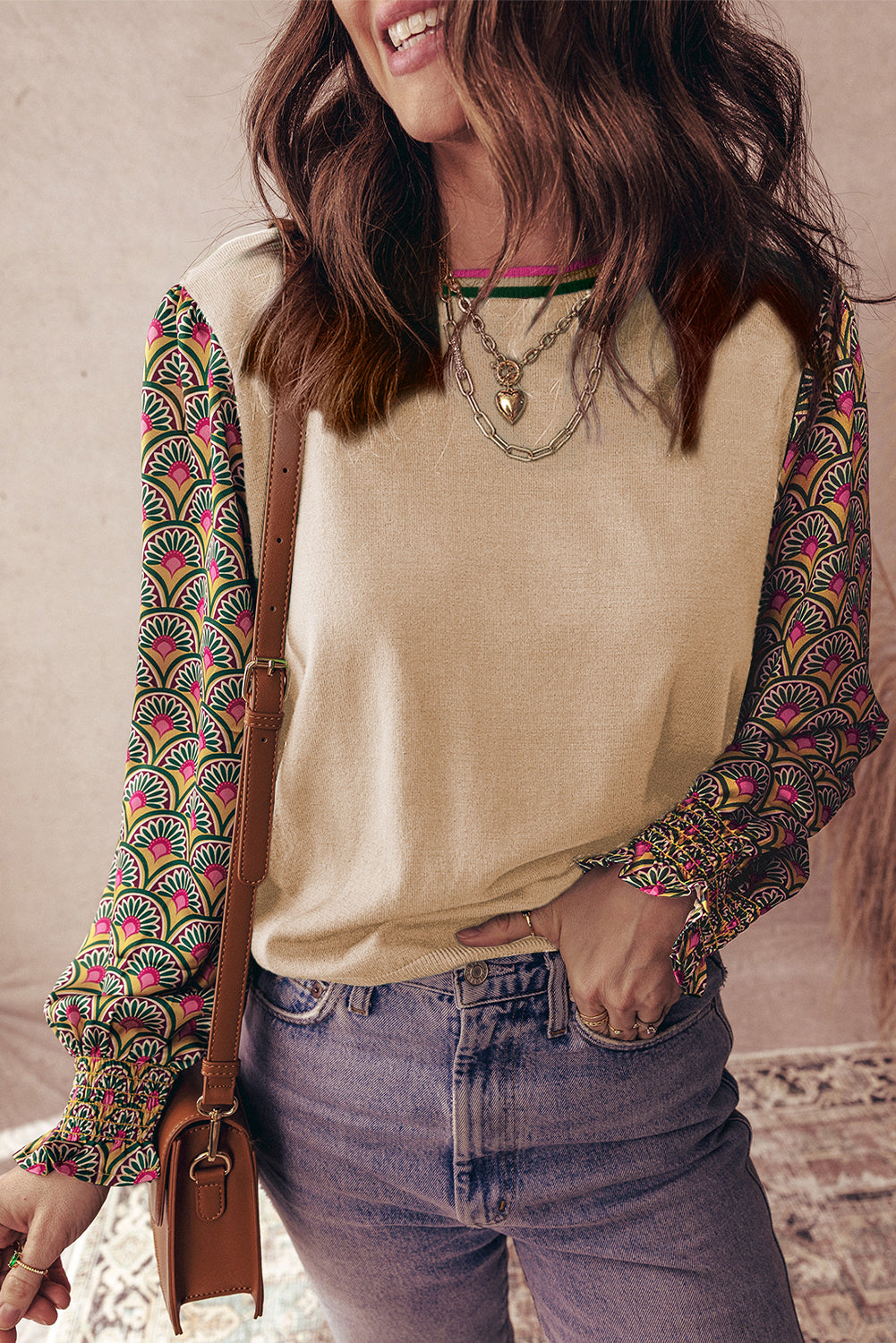Floral Patchwork Shirred Cuff Puff Sleeve Sweater