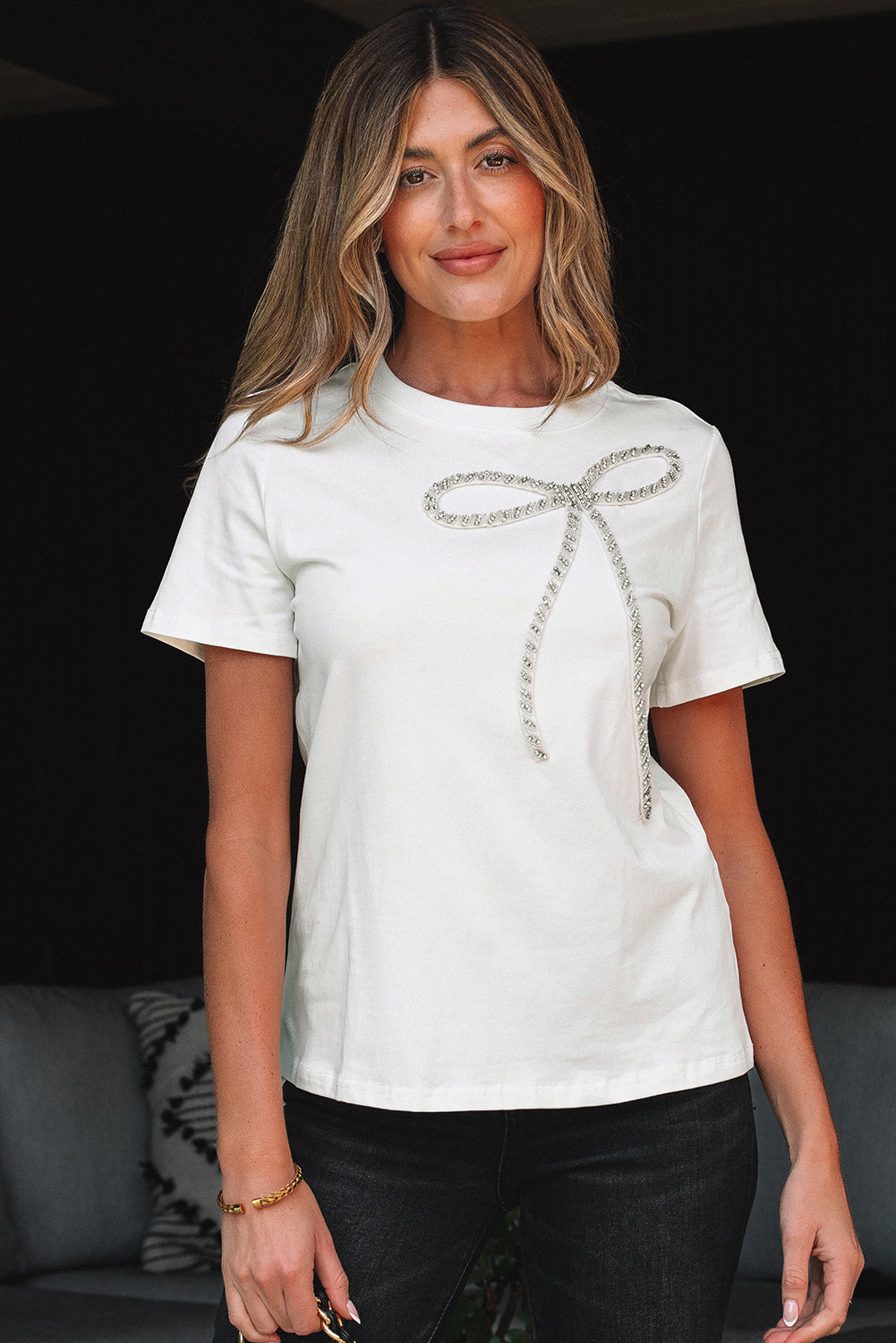 Rhinestone Bow Embellished Round Neck Tee