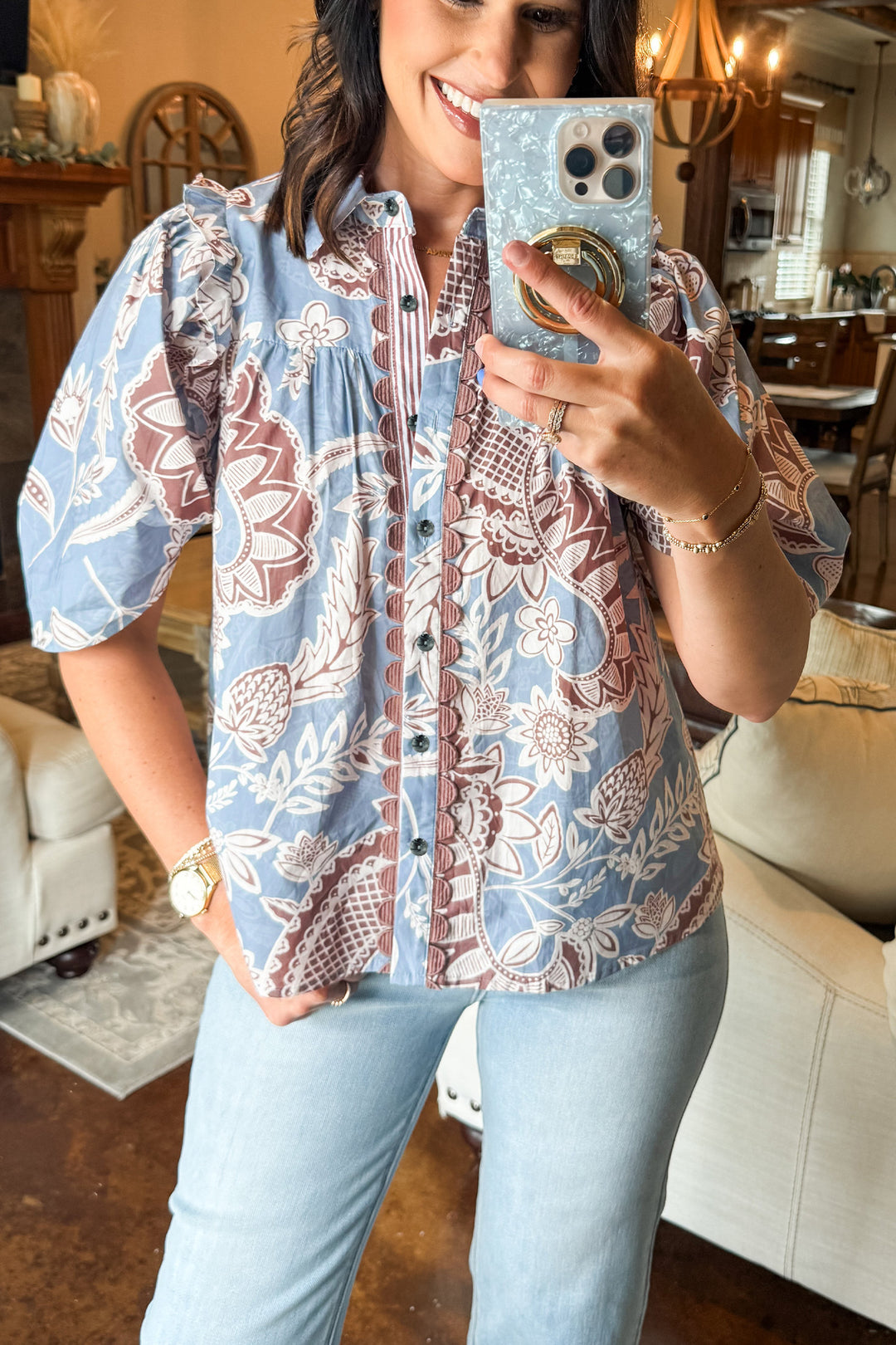 Sky Blue Boho Floral Print Short Sleeve Shirt
