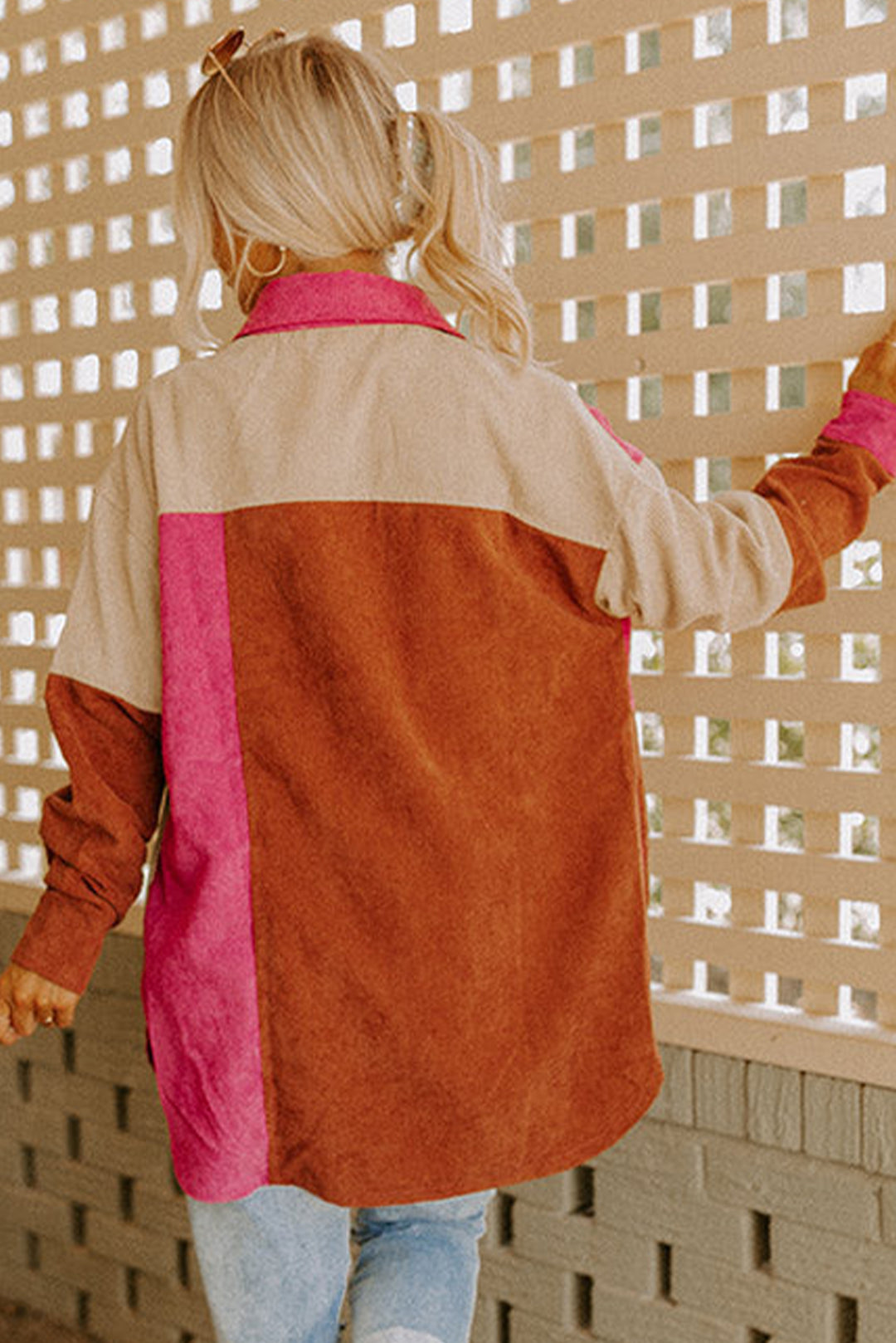 Rose Red Colorblock Curved Hem Corduroy Shacket