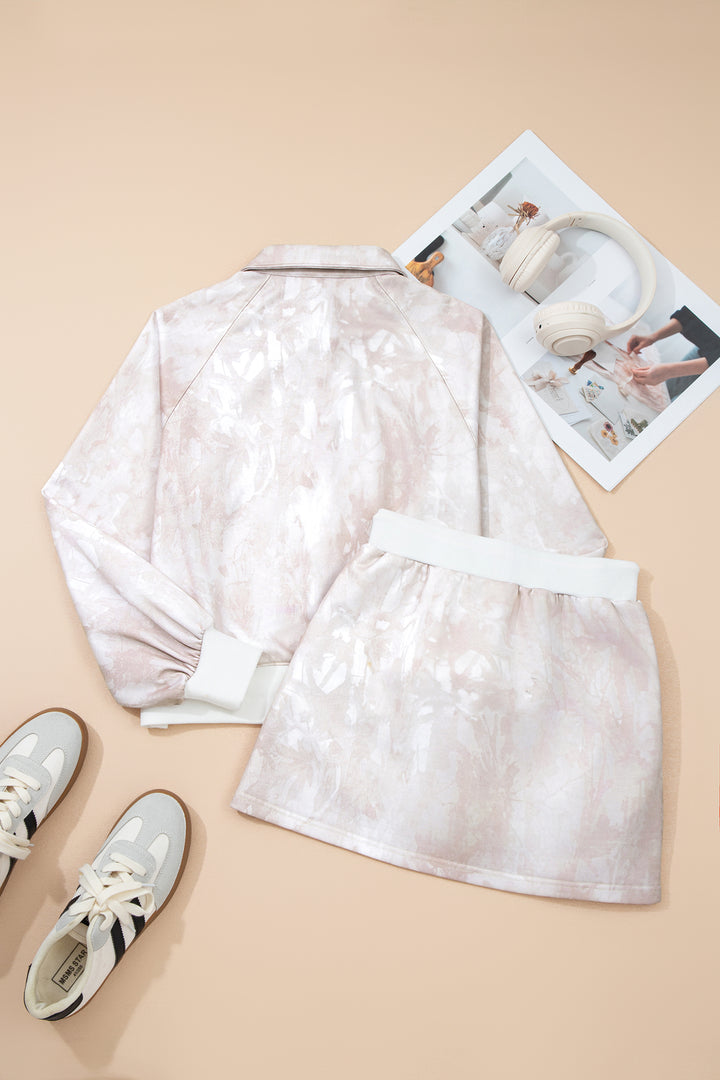 White Abstract Woodland Print Balloon Sleeve Pullover Mini Skort Set