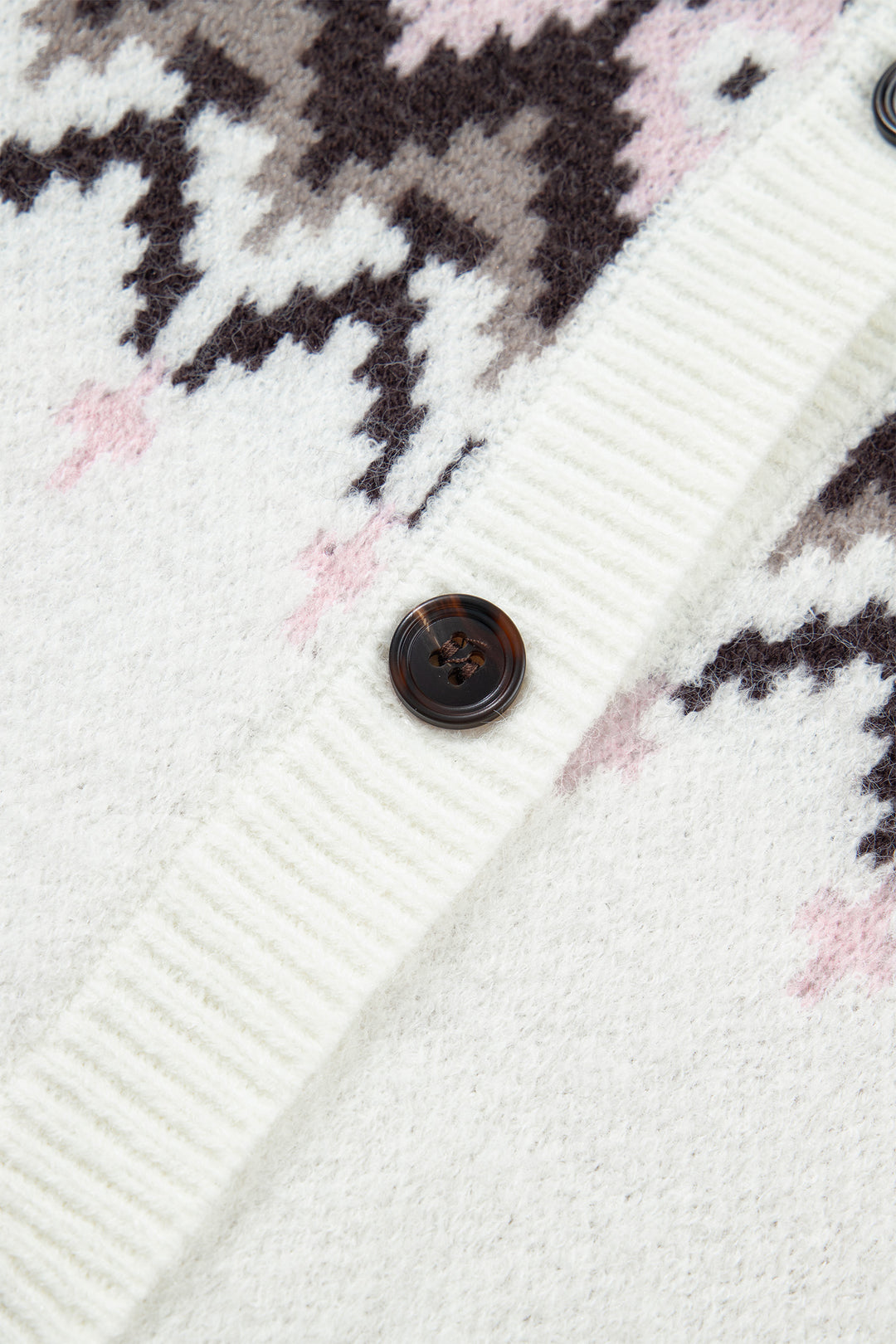 White Geometric Pattern Brushed Knit Button Cardigan