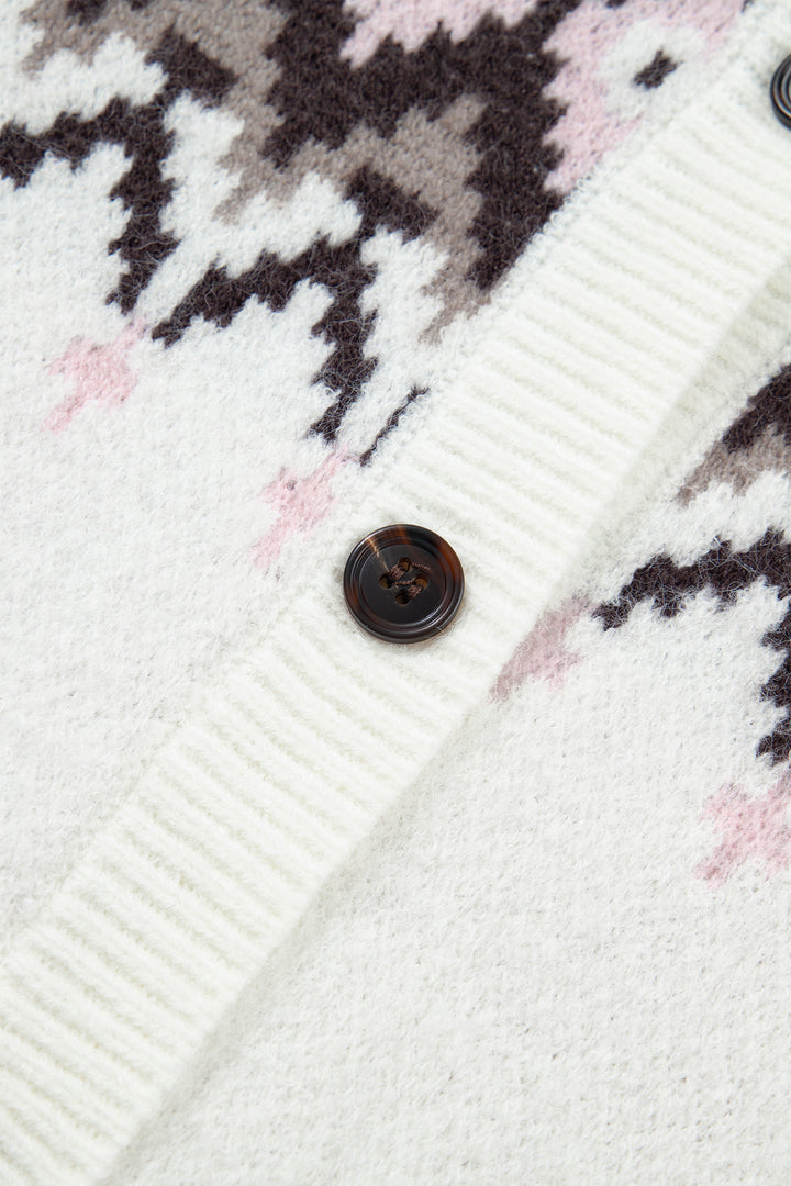 White Geometric Pattern Brushed Knit Button Cardigan