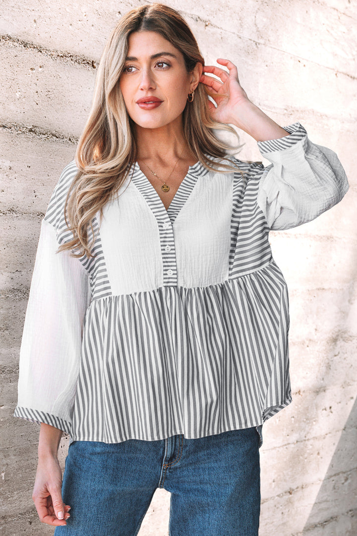 Half Button Gauze Patchwork Bracelet Sleeve Babydoll Blouse