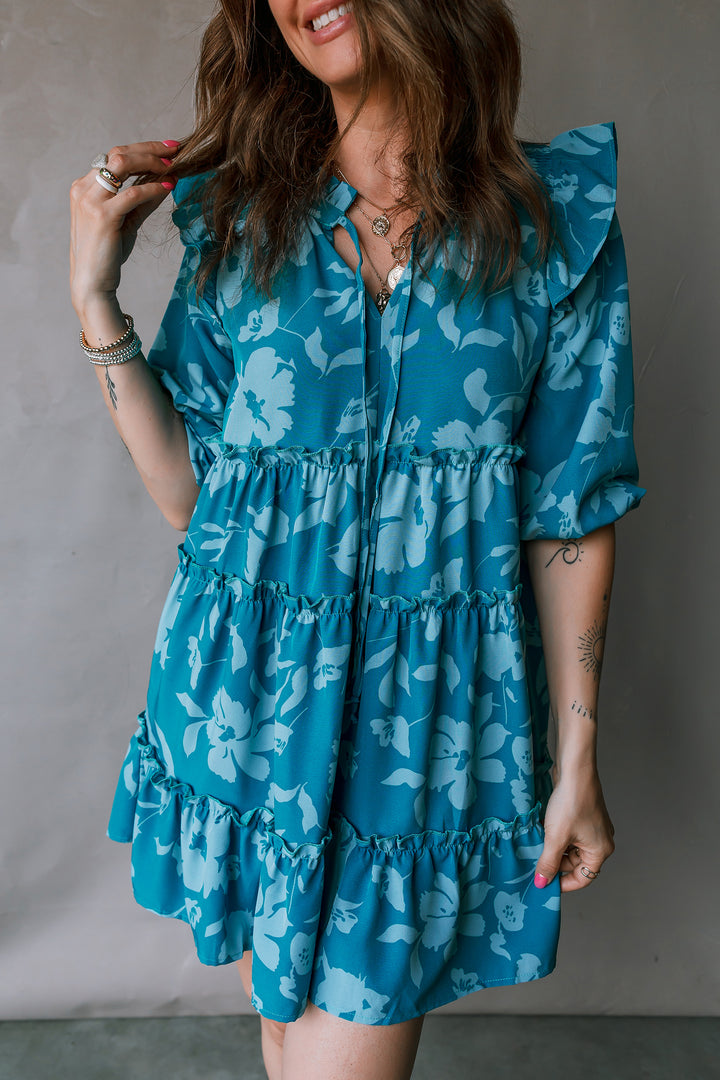 Flower Half Sleeve Tiered Ruffled Mini Dress
