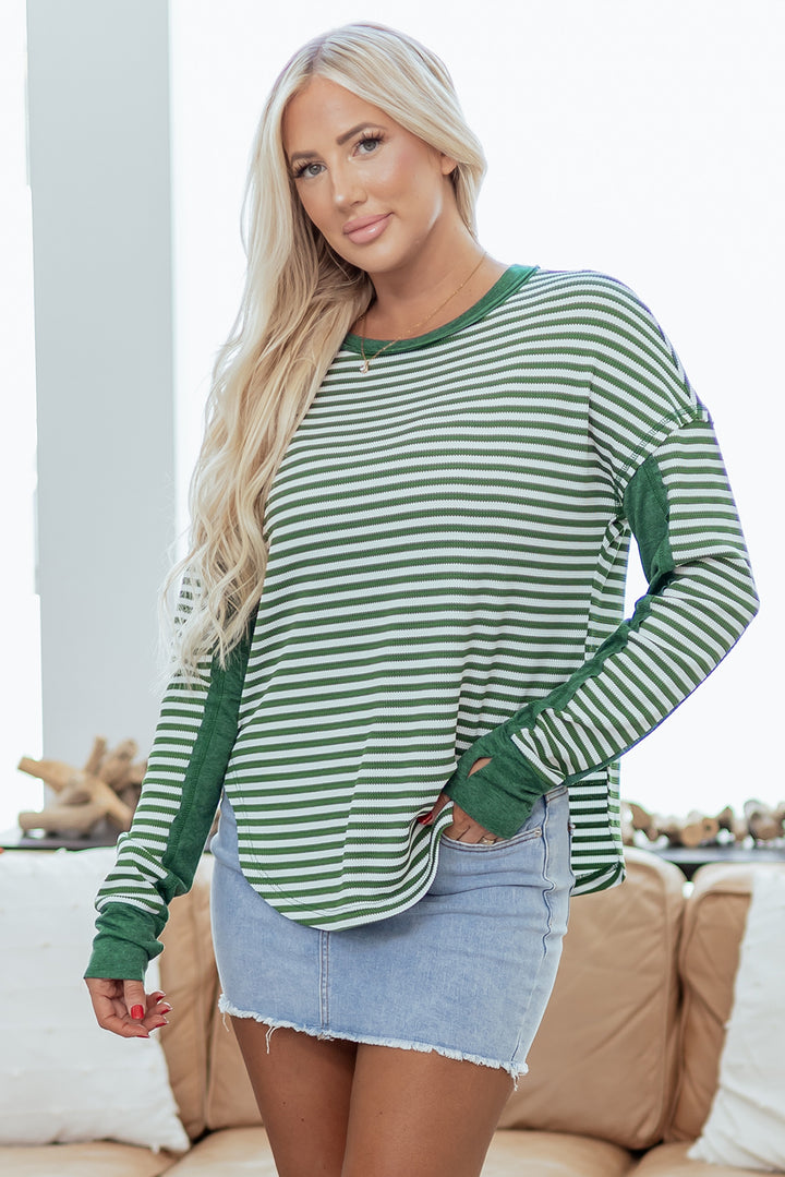 Dearlovers Green Stripe Thermal Knit Drop Shoulder Casual Top