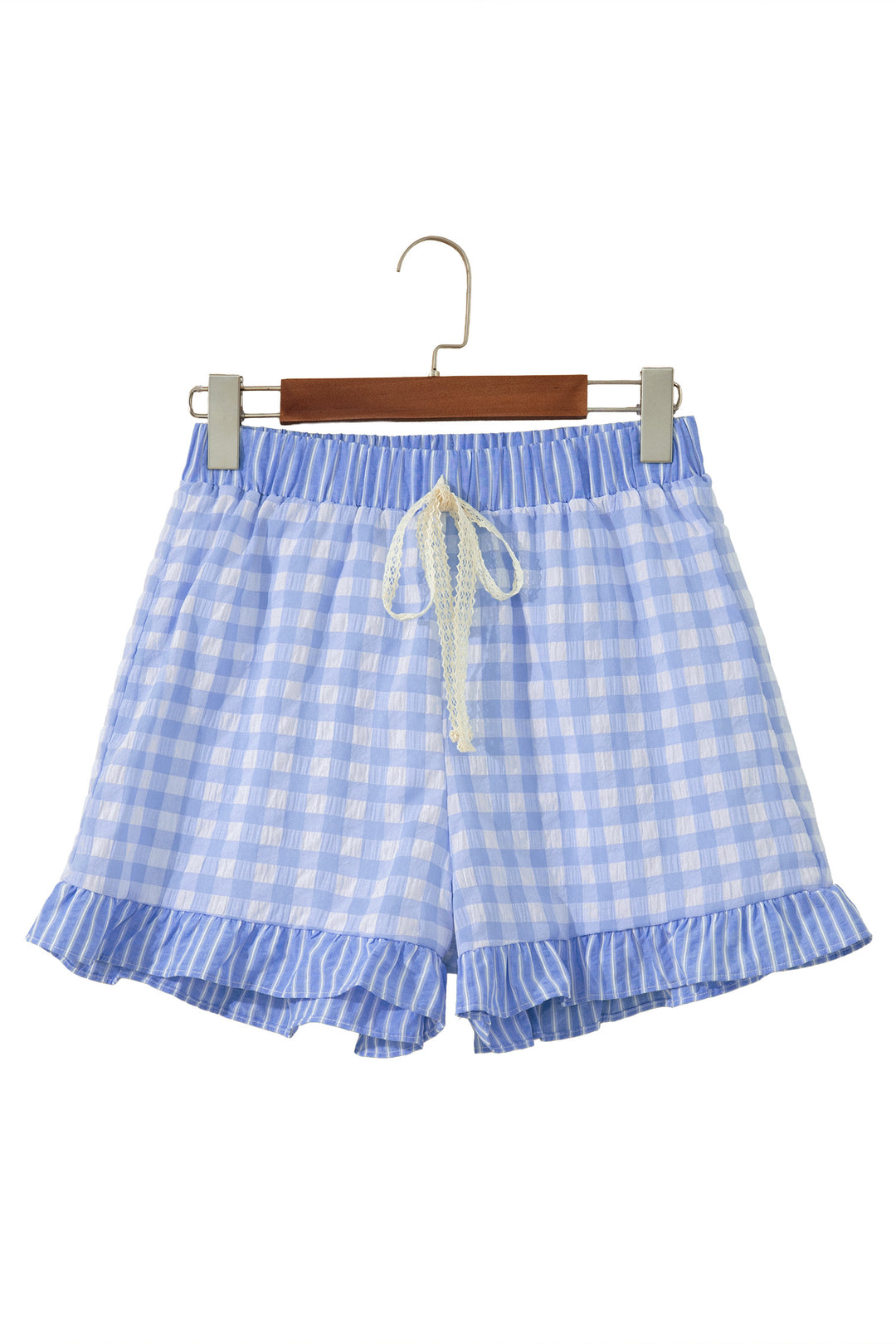 Sky Blue Gingham Print Ruffle Striped Detail Lace Tie Shorts