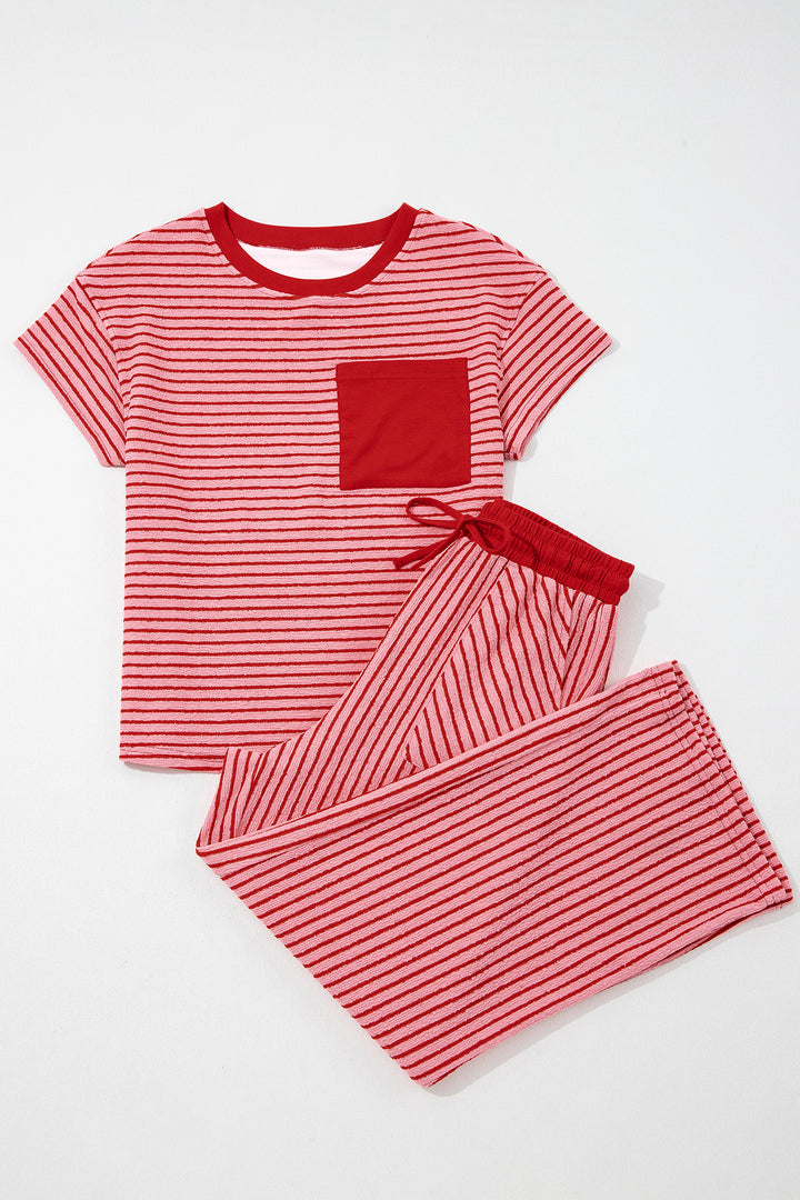 Rose Stripe Crew Neck Tee Drawstring Waist Cropped Pants Set