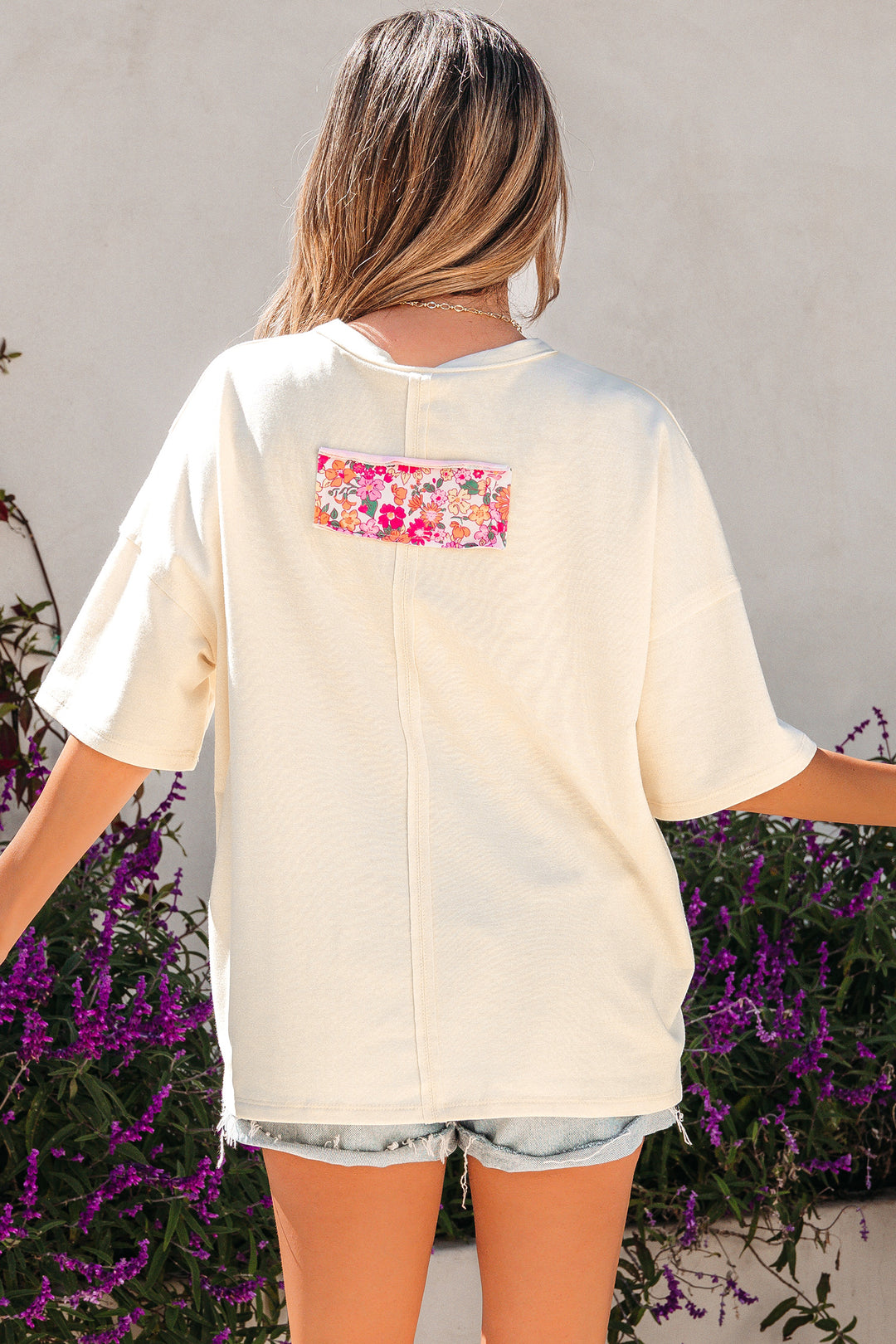 Floral Patched Raw Seam Big Flower Oversize Tee