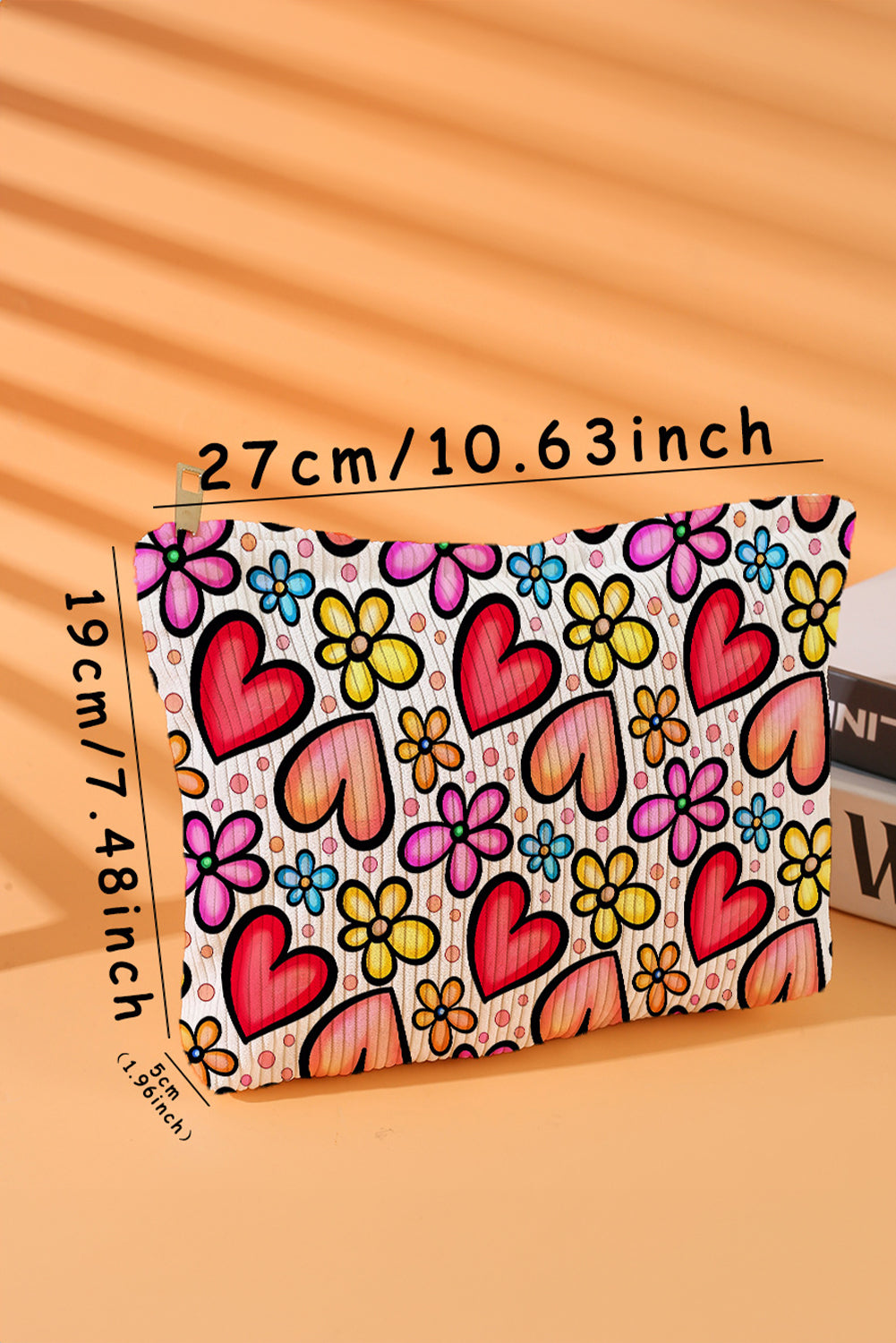 Heart Flower Print Corduroy Large Makeup Bag