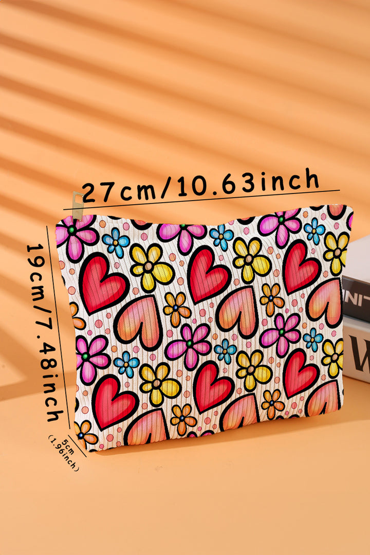 Heart Flower Print Corduroy Large Makeup Bag