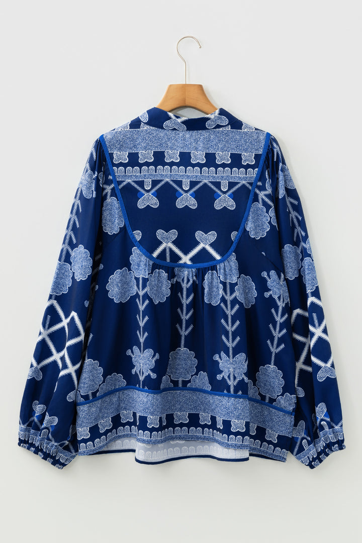 Blue Plus Size Floral Printed Notched Neck Long Sleeve Blouse