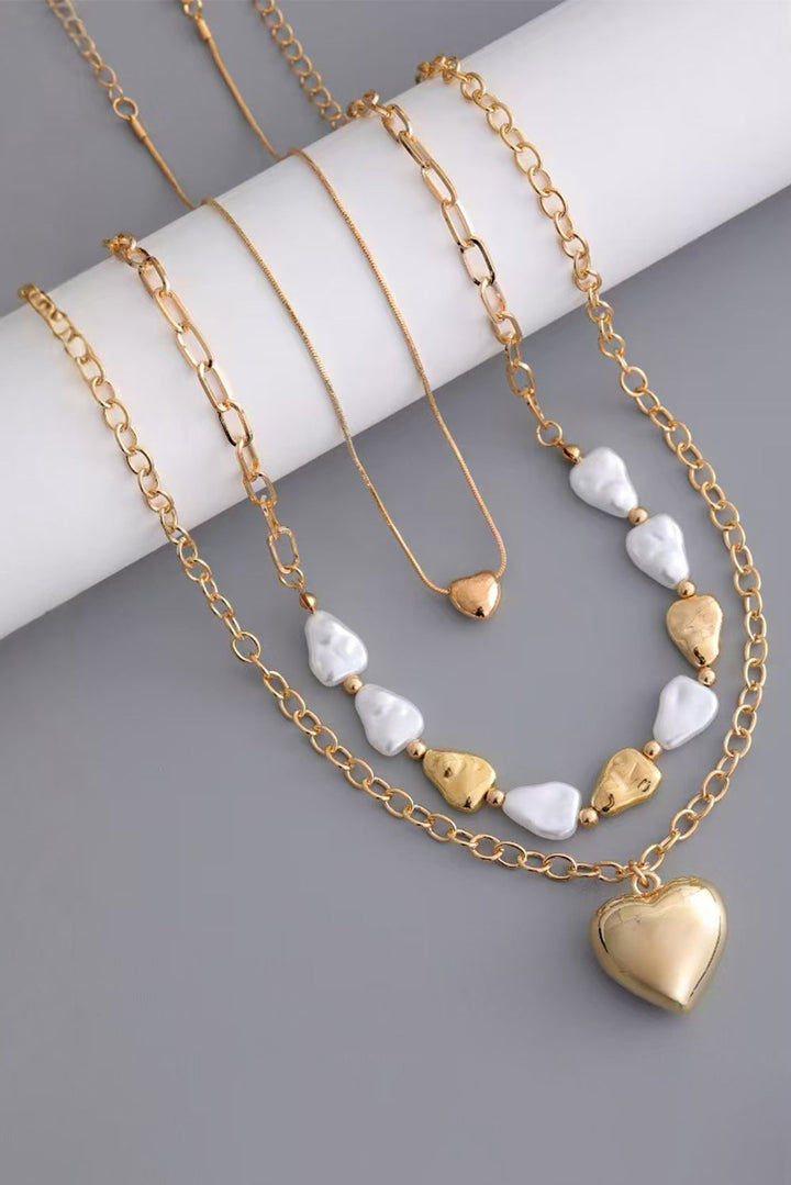 Plated Layered Heart Pendant Irregular Pearl Layered Necklace