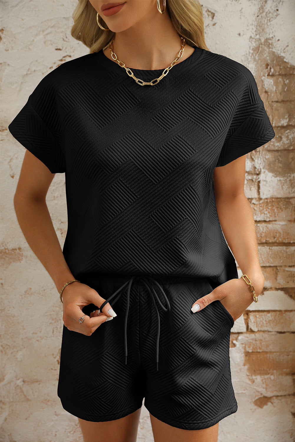 Black Textured Short Sleeve Top and Shorts Set