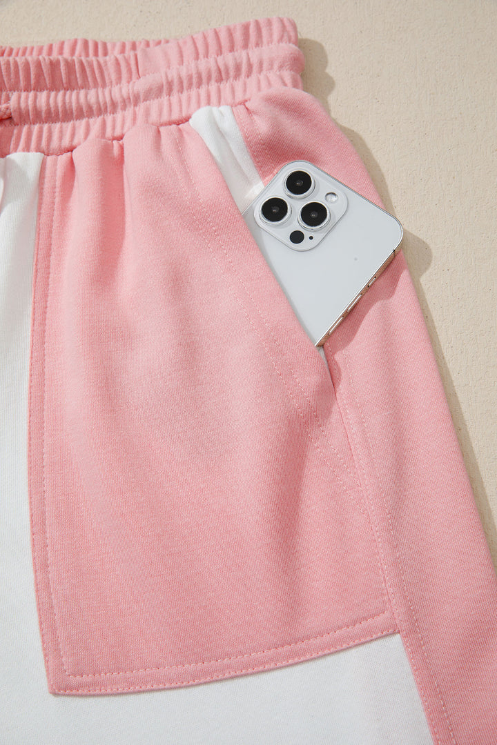 White Two-tone Color Block Patchwork Tee Drawstring Loose Pant Set