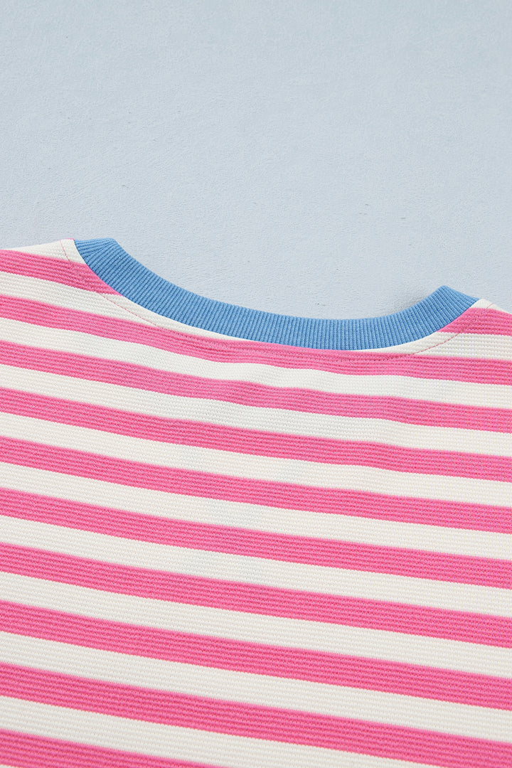 Pink Stripe Contrast Patchwork Short Sleeve Loose Tee