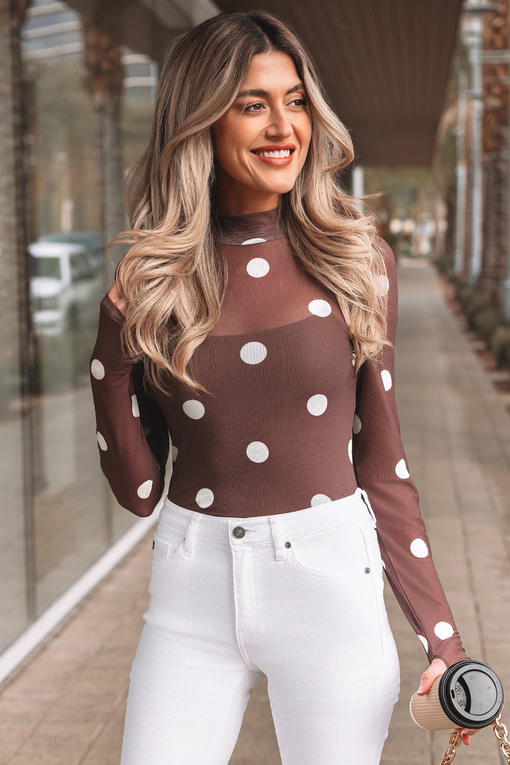 Brown Vintage Polka Dot Print Mesh Long Sleeve Bodysuit