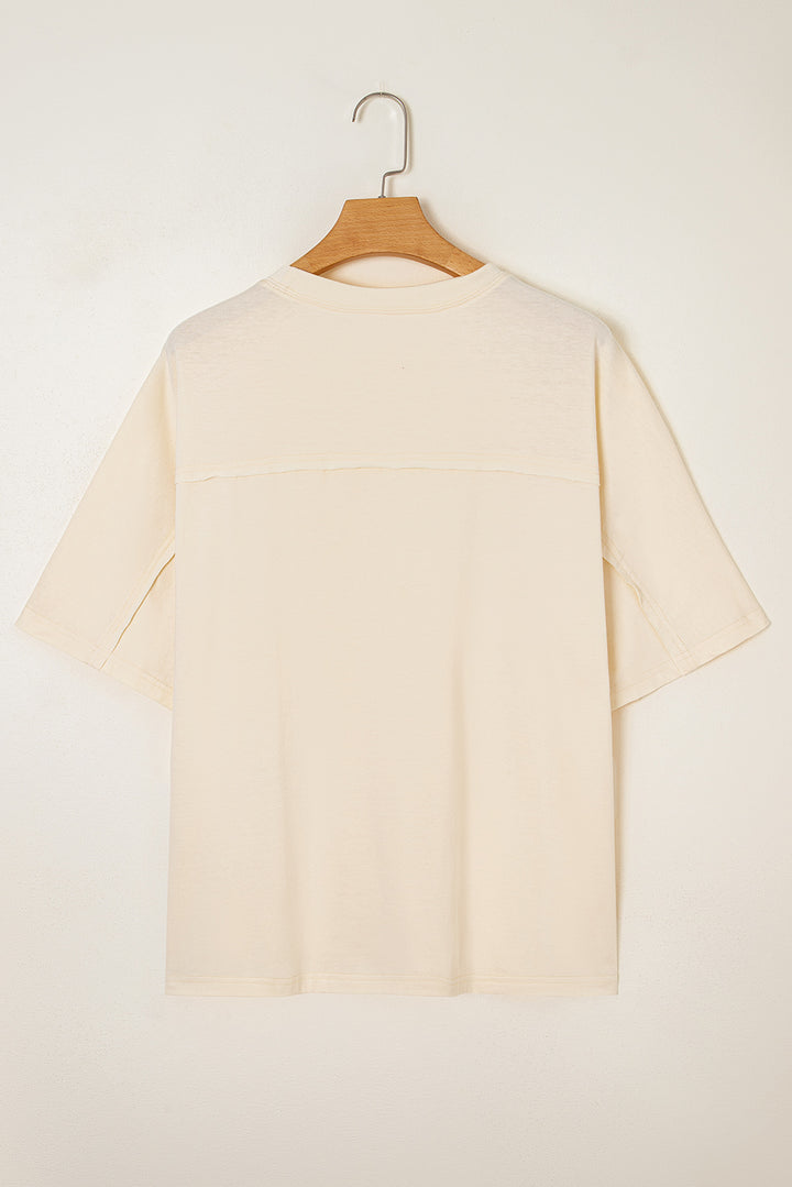 Flower Patched Exposed Stitching Trim Crew Neck Loose Tee