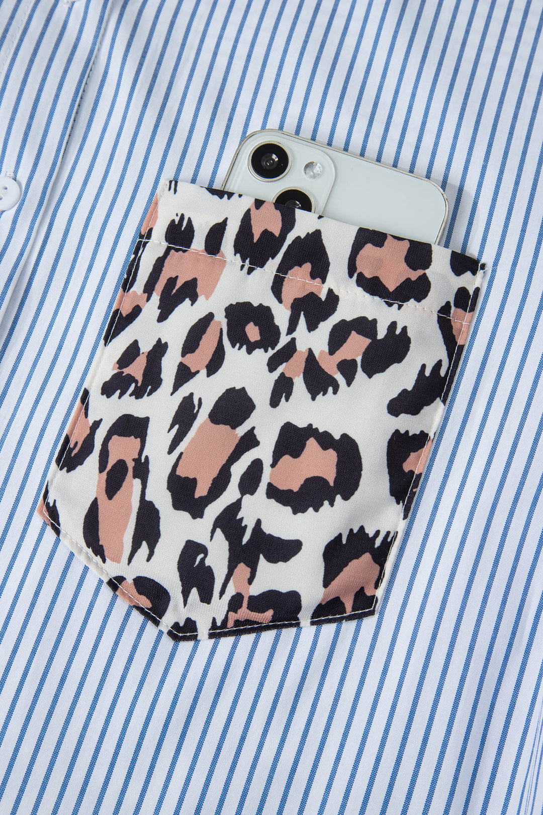 Colorblock Leopard Patchwork Chest Pocket Cuffed Sleeve Shirt