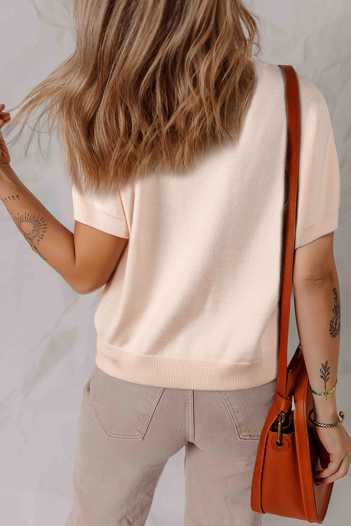 Chic Pearl Bow Embellished Dolman Short Sleeve Sweater