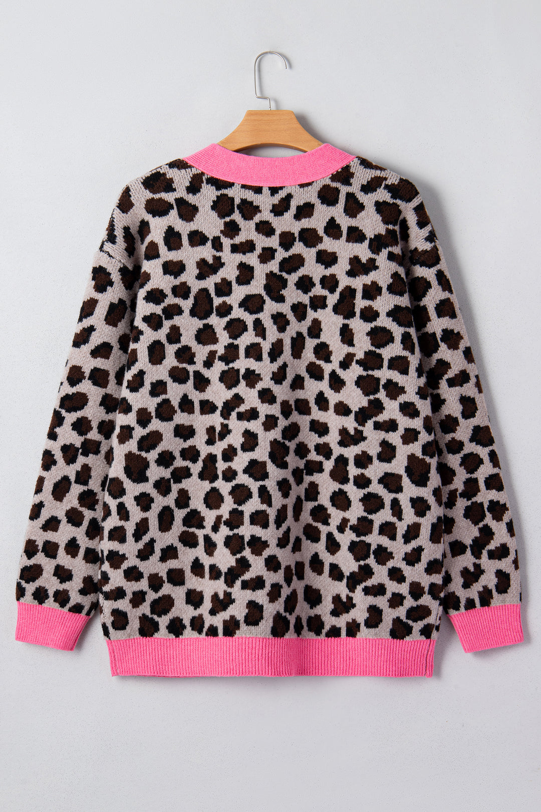 Khaki Oversize Color Block Trim Button Down Leopard Print Cardigan