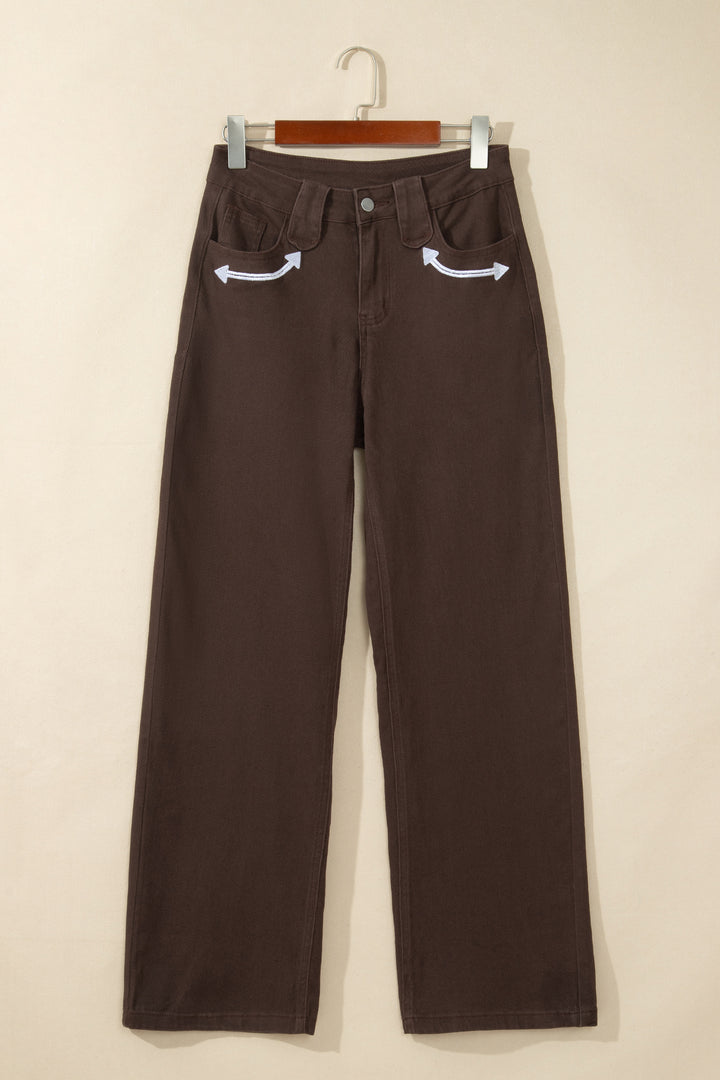 Coffee Western Fly Decorative Belt Loops Straight Leg Jeans