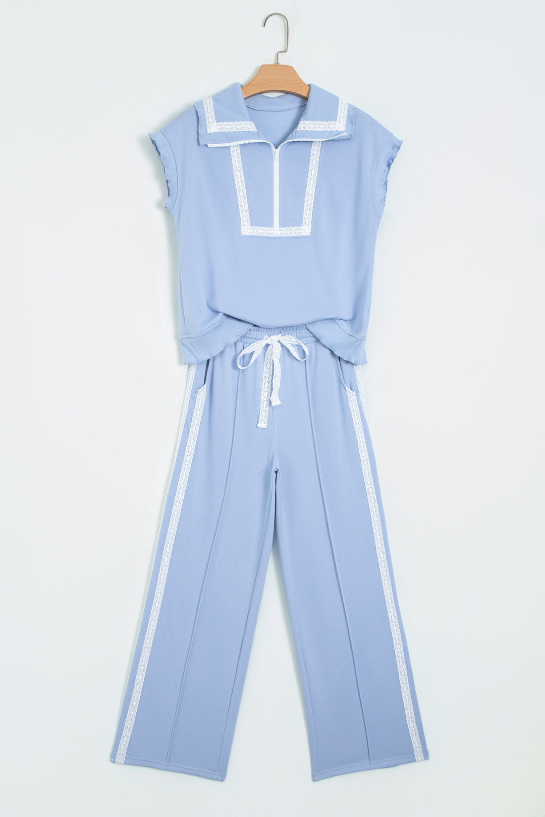 Sky Blue Lace Accent Zipped Collar Short Sleeve Top Sweatpants Set