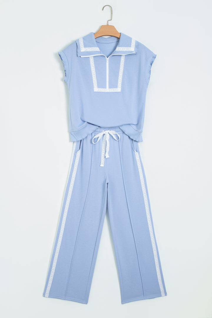 Sky Blue Lace Accent Zipped Collar Short Sleeve Top Sweatpants Set