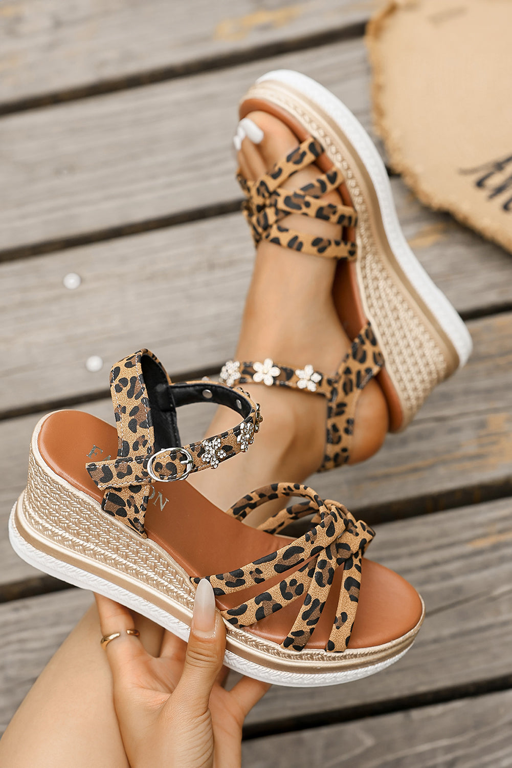 Rhinestone Flower Decor Leopard Strappy Wedge Sandals