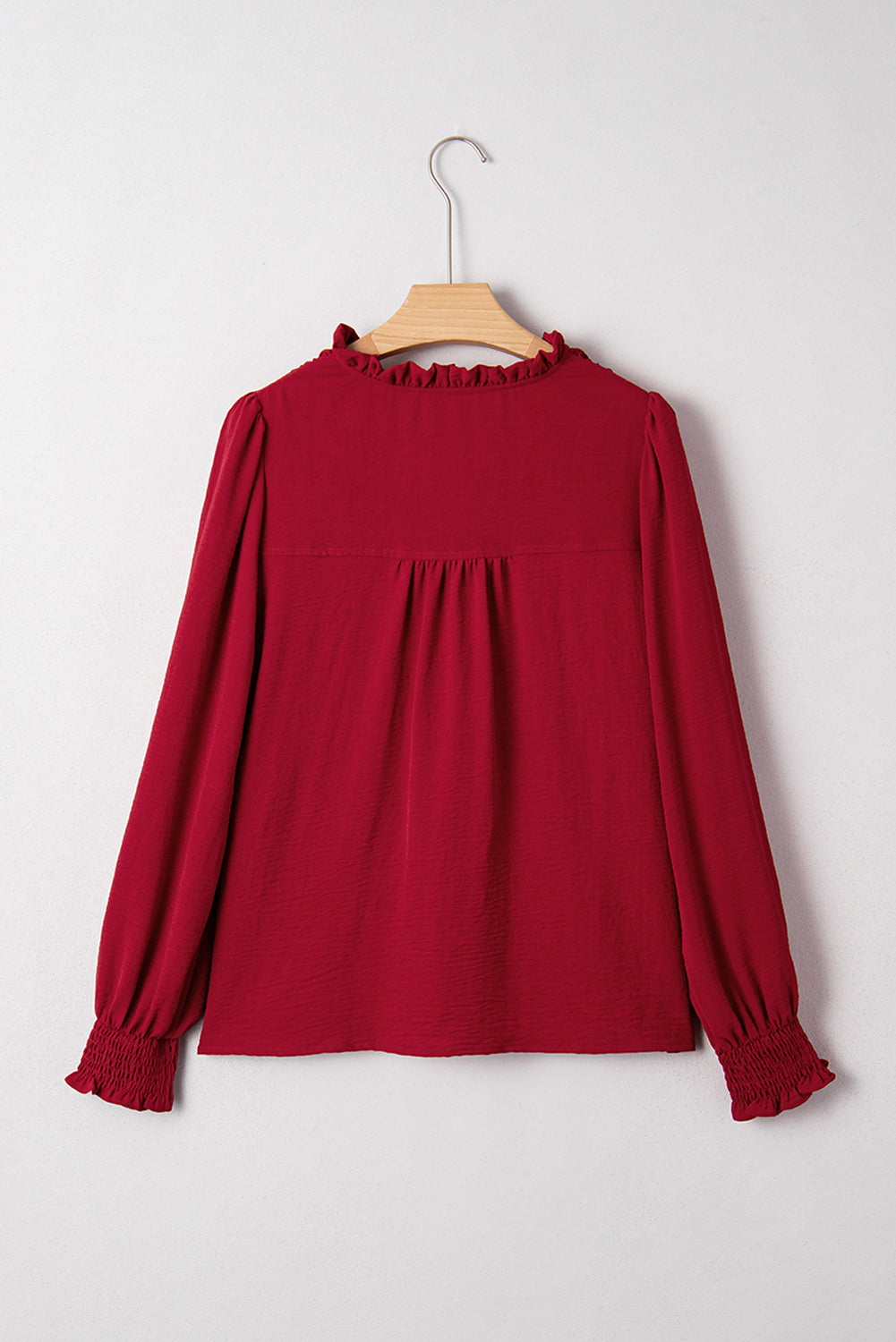 Notched Neck Shirred Cuff Long Sleeve Blouse