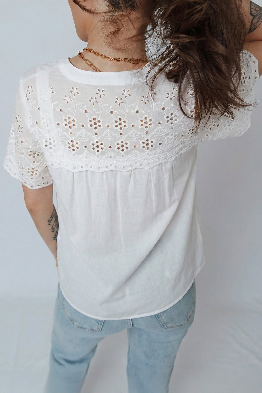 Flower Eyelet Embroidered Patchwork Sheer Short Sleeve Shirt