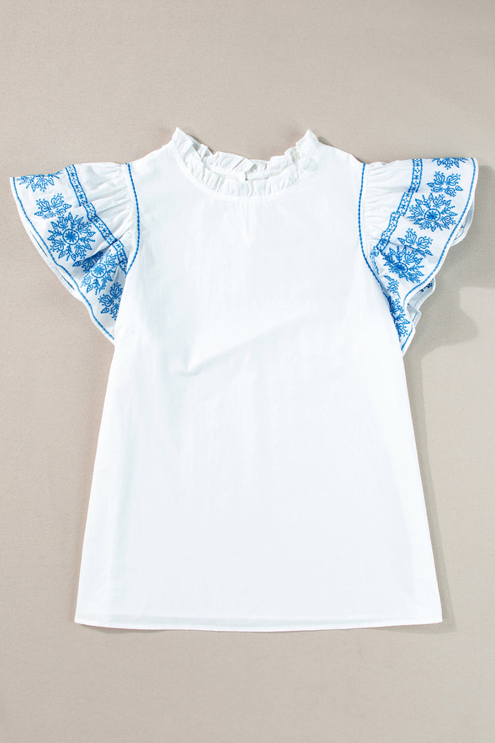 Embroidered Ruffled Sleeve Frilled Collar Blouse
