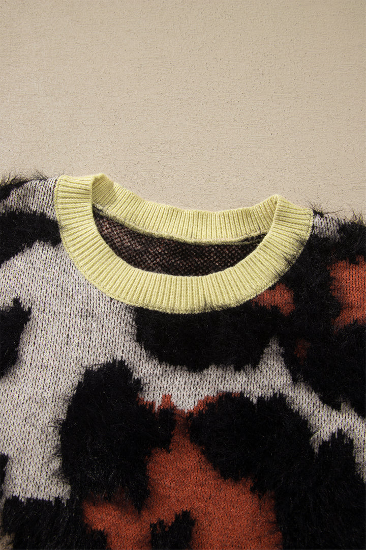 Khaki Leopard Print Long Sleeve Round Neck Sweater