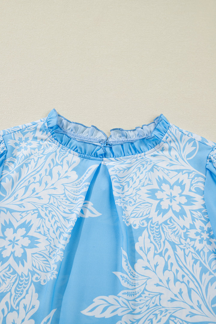 Ruffled Collar Puff Sleeve Flower Blouse