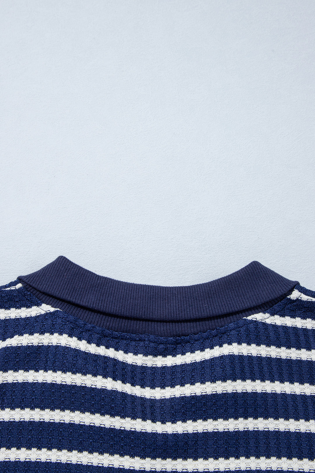 Blue Stripe Textured Knit Half Zip Collared Long Sleeve Top
