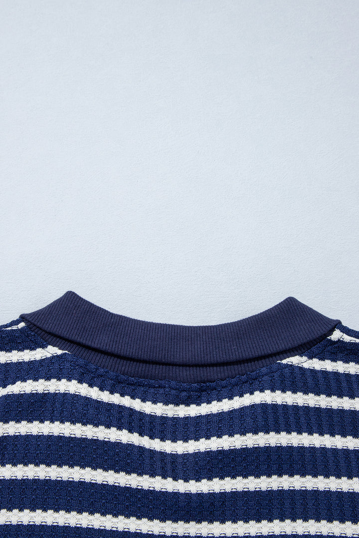 Blue Stripe Textured Knit Half Zip Collared Long Sleeve Top