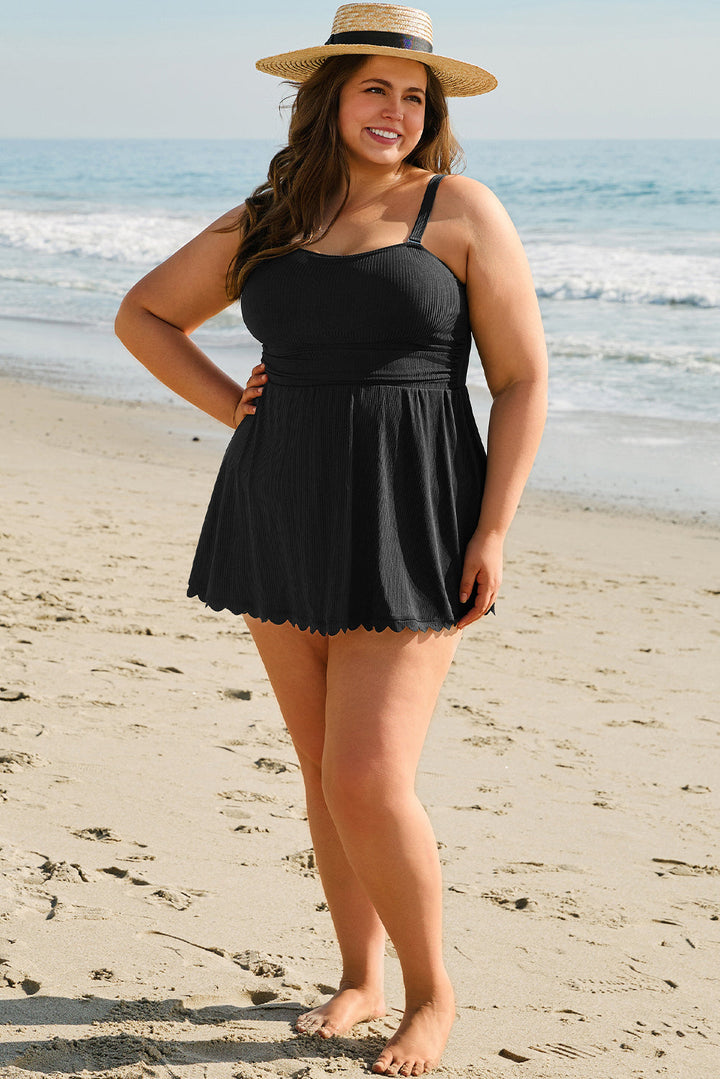 Plus Size Textured Scalloped Trim Swim Dress with Panty