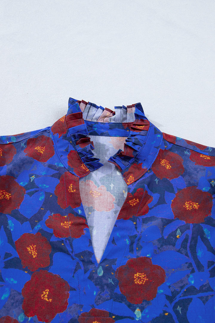 Ruffled Short Balloon Sleeve Frilled V Neck Floral Blouse