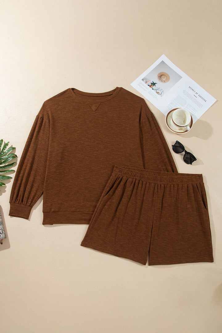 Chestnut Long Sleeve Top Elastic Waist Shorts Plus Size Set