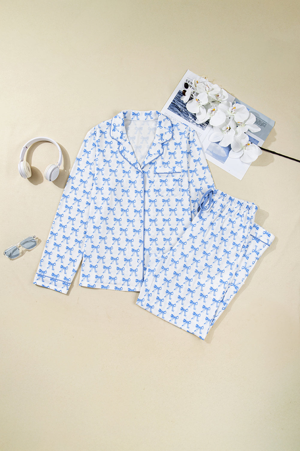Sky Blue Bow Print Long Sleeve Shirt and Pants Soft Pajama Set