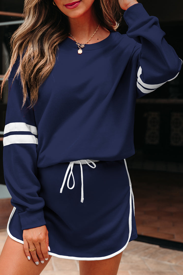 Navy Blue Varsity Stripe Detail Pullover Mini Skort Set